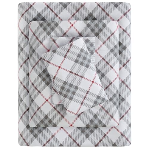 SLEEP PHILOSOPHY True North Cozy Flannel Warm 100% Cotton Sheet - Novelty Print Animals Stars Cute Ultra Soft Cold Weather Bedding Set, Twin XL, Red Plaid 3 Piece