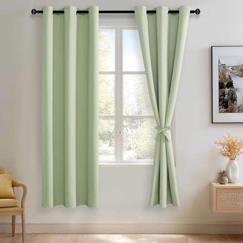 JIUZHEN Light Green Blackout Curtains with Tiebacks Thermal Insulated, Light Blocking and Noise Reducing Grommet Curtains for and Living Room, Set of 2 Window Curtain Panels, 42 x 72 Inch Length