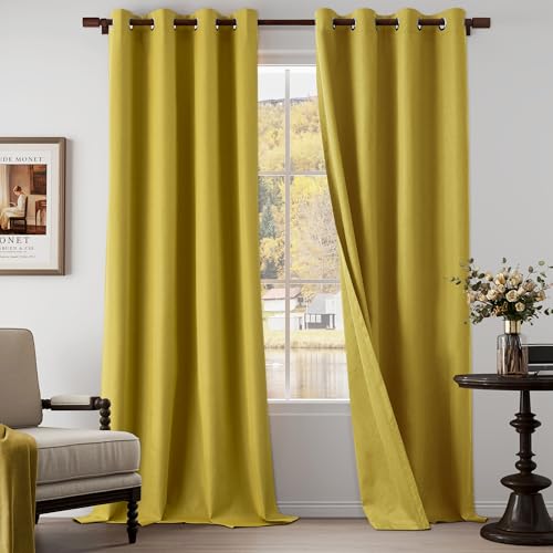 "100% Blackout Linen Textured Curtains 108 Inch Length 2 Panels Set for Living Room, Bedroom, Light Weight Curtains with Grommets Top, Full Blackout Curtains Privacy Protection, Gold, 52"" W x 108"" L"