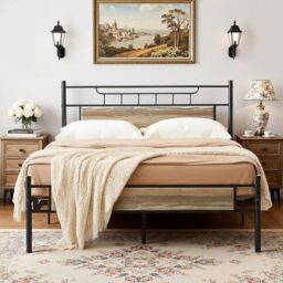VECELO Double Bed Frame with Grey Oak Wood Headboard, Metal Platform Bed Frame, Sturdy Steel Construction, Under-bed Storage, Easy Assembly, Noise Free