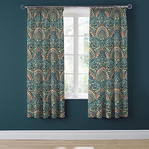 Dreams & Drapes - Teal Jacobean Curtains W66 x L72 (168 x 183cm) - 2x Tie Backs - Floral/Exotic Pleated - Moroccan Bohemian in Teal Blue - Damask for Bedroom/Living Room