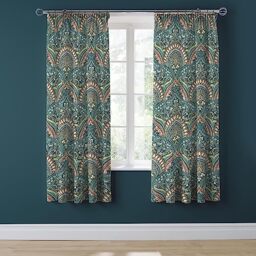 Dreams & Drapes - Teal Jacobean Curtains W66 x L72 (168 x 183cm) - 2x Tie Backs - Floral/Exotic Pleated - Moroccan Bohemian in Teal Blue - Damask for Bedroom/Living Room