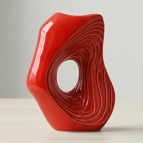 Sunddo Red Ceramic Vase, 11 Inch - Modern Donut Decorative Vases for Pampas Grass, Home Decor, Console, Kitchen, Mantel, Living Room, Table Centerpiece