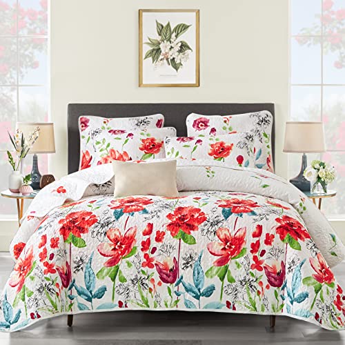 UOZZI BEDDING 3 Piece Queen Reversible Floral Quilt Set White Red Green Colorful Soft Microfiber Lightweight Summer Coverlet Red Flowers Adult Bedspread for All Season -1 Quilt +2 Pillow Shams