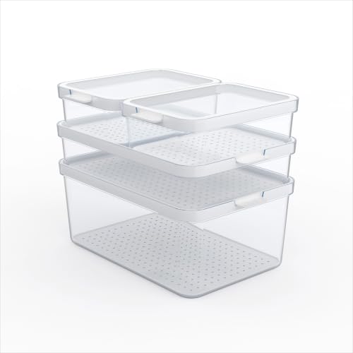 Rotho Cauma Storage Boxes with Lids 4-Piece Stackable Food Containers White - Fridge Organisers, Food Storage Containers with Lids, Stackable 3-Size Set, Transparent, Food-Safe, Dishwasher Safe
