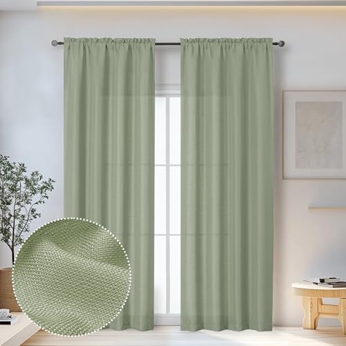 OWENIE Bob Sage Green Curtains 90 Inches Long 2 Panels Set for Living Room Bedroom, Light Filtering Faux Linen Textured Bedroom Curtains Drapes, Farmhouse Dual Rod Pocket, 40Wx90L Inch, Sage Green