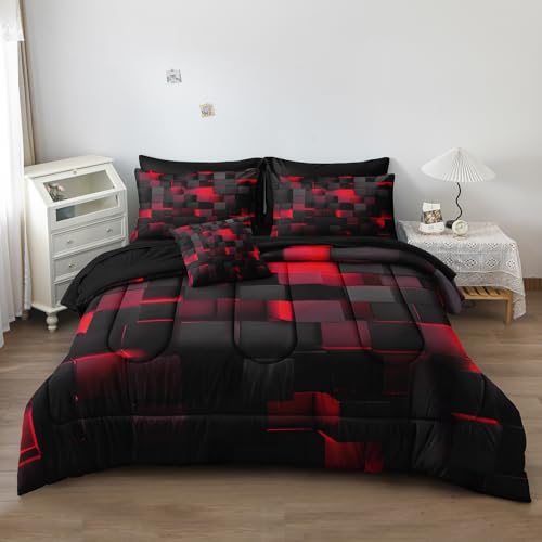 Herside Solid Geometric King Size Comforter Set with Sheets,8 Pcs Red and Black King Bed in a Bag Set,Gradual Change Honeycomb Quilt Set,Modern Square Texture Luxury Bedding Set for All Season