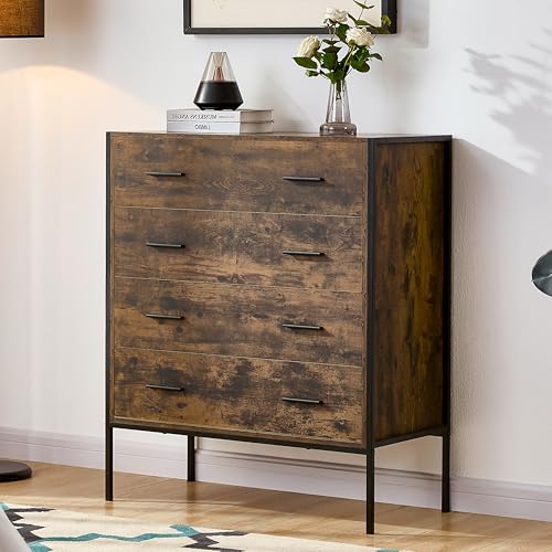 Vida Designs Brooklyn Industrial Chest of Drawer Rustic Bedroom Storage Unit, Cabinet Dresser with Metal Frame (Dark Wood, 4 Drawer)
