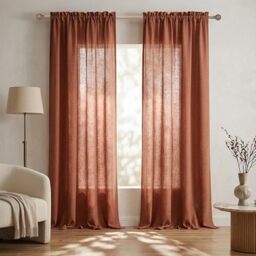 Terracotta Curtains 84 Inch Length for Living Room 2 Panels Rod Pocket Linen Drapes Light Filtering Semi Sheer Floor Length Rust Curtain for Bedroom Dining Boho Decor Burnt Orange Red Brown 52x84 Long