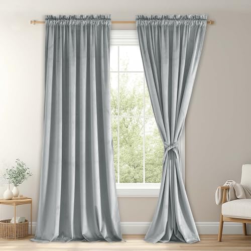 JIUZHEN Silver Grey Velvet Curtains for Living Room -84 inches Long Thermal Insulated Room Darkening Window Drapes for Bedroom/Background, Set of 2 with Tiebacks, 70W x 84L