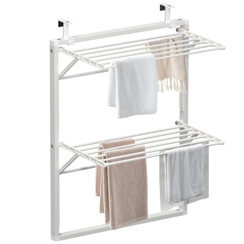 VOUNOT?? Wall-Mounted Foldable Clothes Drying Rack, Double-Tier Laundry Airer for Bathroom or Balcony, Space-Saving Design, White
