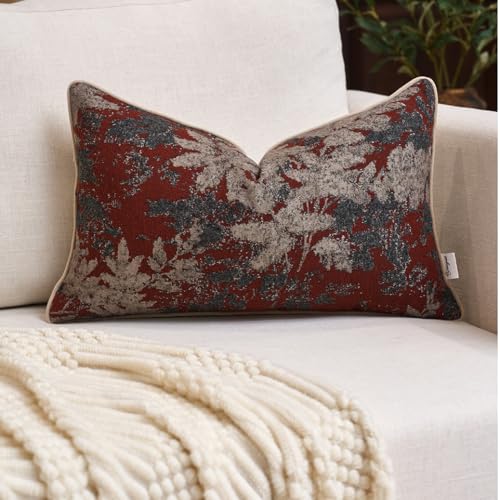 Yangest Neutral Leaf Pillow Cover 12 x 20 Inches, Vintage Chenille Rectangle Throw Pillow Cover Soft Leaves Nature Accent Couch Pillow Cover for Living Room Bedroom, Red