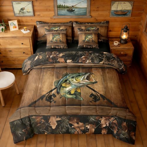 Erosebridal Camo Bass Fish Full Bed in A Bag 7 Piece Pike Fish Fishing Comforter Set with Sheets Camouflage Hunting Bedding Sets for Boys Teen Men Fisherman,Rustic Farmhouse Bed Set