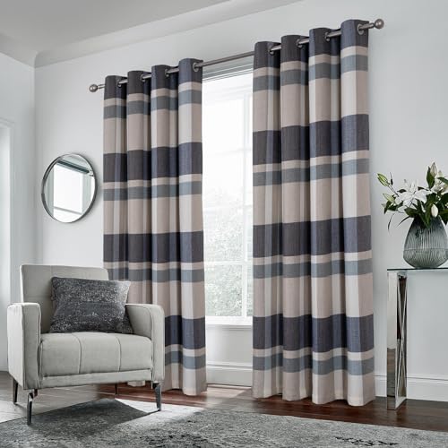 always4u 100% Blackout Plaid Curtains for Bedroom Living Room Woolen Look Black Tartan Grommet Thermal 2 Panels 45 * 63 Blue White