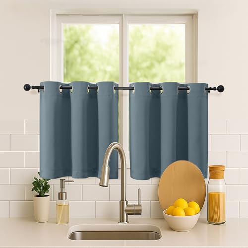Simplebrand Stone Blue Short Kitchen Curtains 24 Inch Length 2 Panels Set, Small Windows Room Darkening Curtain for Bathroom, Cabinet, Basement, RV Camper, Thermal Insulated Short Drapes, 40 x 24 Inch
