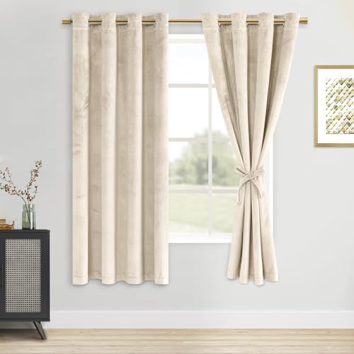 DWCN Velvet Curtains - Elegant Thermal Insulated Room Darkening Window Drapes for Bedroom, Living Room, Tieable Solid Grommet Curtains & Drapes Set of 2, 52 Wide by 63 inches Length, Beige