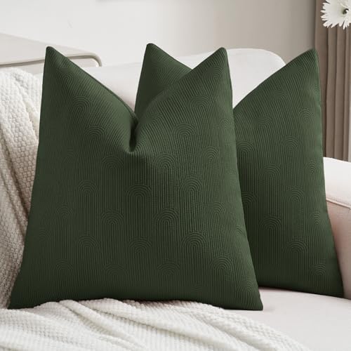 FUTEI Dark Green Chenille Decorative Throw Pillow Covers 18x18 Inch Set of 2,Soft Cozy Striped Geometric Patterns Cushion Cases,Modern Home Decor for Couch Bed Living Room
