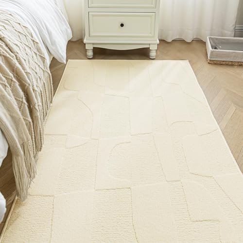 Sonive Washable Rug Water Resistant Mat Non-Slip Backing Rug Geometric Indoor Outdoor Suitable for Living Room, Bedroom, Kitchen Beige 80×150 cm