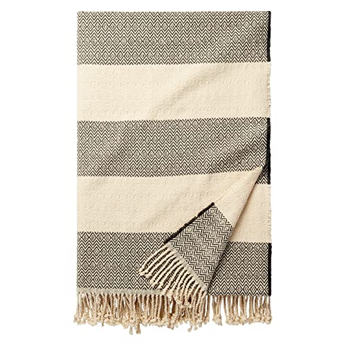 Amazon Aware Woven Cotton Striped Throw Blanket, 152 x 203 cm, Natural/Charcoal
