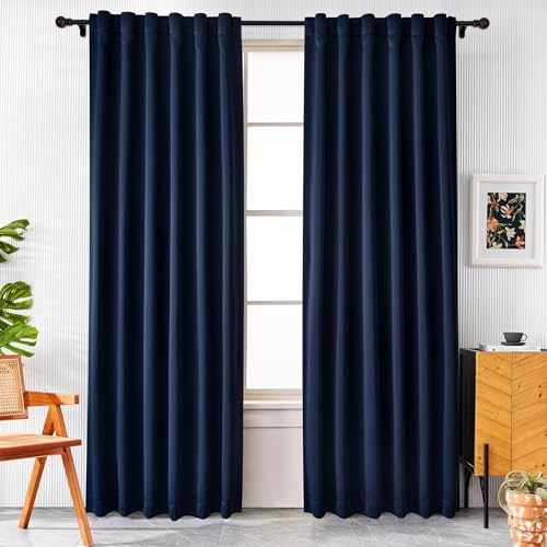 "Pickluc Blackout Curtains 63 Inches Long 2 Panels, Black Out Drapes for Bedroom or Living Room, Back Tab and Rod Pocket Top, Set of Two, Navy, 52"" Wide and 63"" Length"