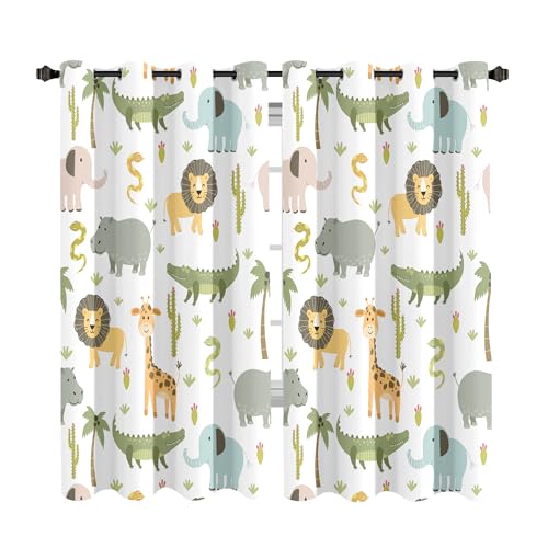 MESHELLY Baby Safari Animals Blackout Curtains 52Wx63H Inch for Boy Bedroom Grommet Pair Kids Woodland Jungle Lion Elephant Art Printed Curtains for Nursery Living Room Window Treatment Fabric