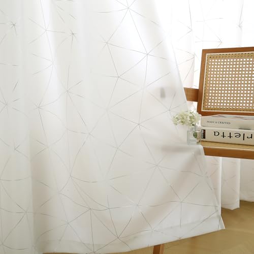 Taisier Home Silver Geometric Line Grommet Top Curtains, Lightweight Semi Sheer Light Filtering Window Drapes with Printing Design, Cream, W52 x L95 Inch, 2 Panels