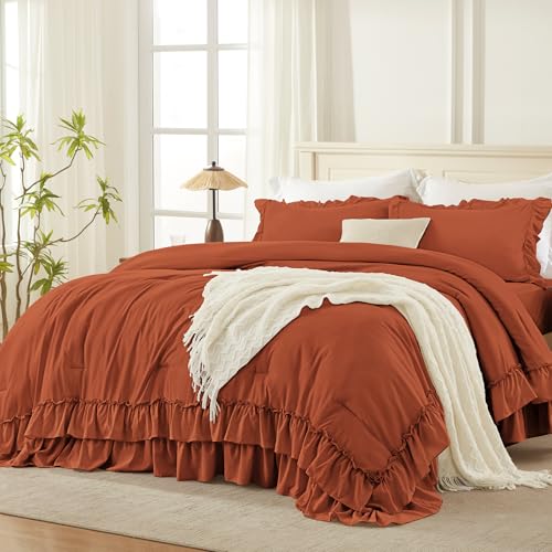 Andency Terracotta Twin Size Comforter Set, 2 Pieces Lightweight Fluffy Ruffle Bedding Set for Dorm, All Season Soft Farmhouse Shabby Chic Bed Set for Teenagers (66x90In), Burnt Orange
