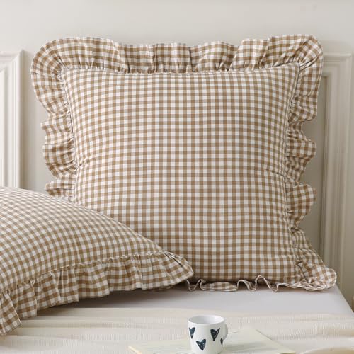 Aryeleay 2 Pack Taupe White Plaid Gingham Ruffle Pillow Shams, 100% Washed Cotton Checkered Farmhouse Pillow Covers for Bed/Sofa-24 x24