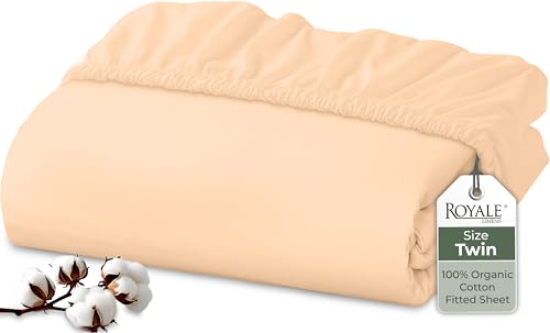 "Royale Linens 100% Organic Cotton Fitted Sheet - Percale Weave - Super Soft Deep Pocket Bottom Sheets - Elastic Sheet Twin Size - Twin Fitted Sheets Only - (39""x75""+15"", Sand)"