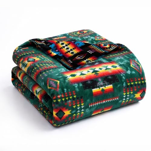 Sacred Thread Fleece Blanket, Southwestern Aztec Queen Blanket, Native American Throw Blanket for Sofa, Couch and Bed, Reversible Winter Blanket (Lake Flannel/Flannel 79x95)