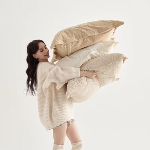 COCO TOP Set of 3 Oversized Throw Pillow Cover 28x28inch,Super Soft Striped Corduroy Neutral Earth Tones Pillow Cases for Bedroom,Living Room, Sofa Lounges,Girl Room???Camel, Beige & Pure White???