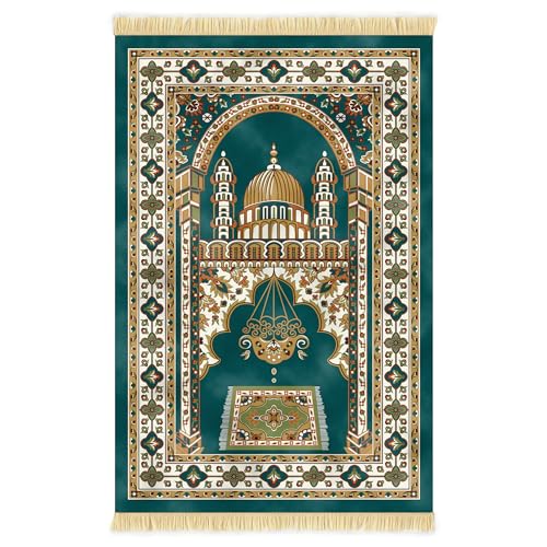 Nicoman Muslim Prayer Rug with Elegant Design - Janamaz - Sajadah - Soft Islamic Carpet Mat, Thick Velvet Fabric (Green)