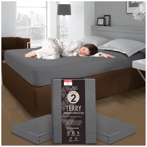 GC GAVENO CAVAILIA Terry Towel Mattress Protectors - Pack of 2 Cot Bed Mattress Protector Fitted Sheet - Waterproof Mattress Cover - Breathable 30cm Deep Mattress Protector (70 x 140cm) - Charcoal