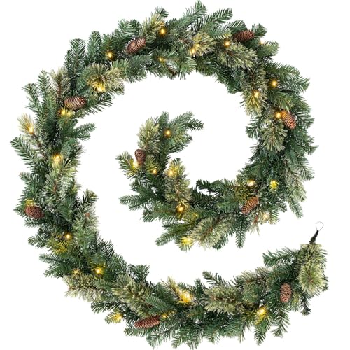 WeRChristmas Pre Lit Natural Pine Christmas Garland with 40 Chasing Warm LED Lights, Multi-Colour, 9 feet/2.7m