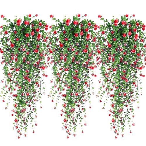 Artificial Hanging Flowers, 3 Pcs Fake Hanging Plants, Artificial Vines for Outdoors, Fake Ivy Vine UV Resistant No Fade Faux Plants for Indoor Decoration Outside Garden Patio Yard Greenery Decor