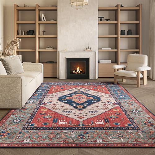 SAFAVIEH Traditional Rug Ideal for High Traffic Areas - Machine Washable and Non Slip - Tucson Collection, Short Pile, in Rust and Blue, 183 X 183 cm