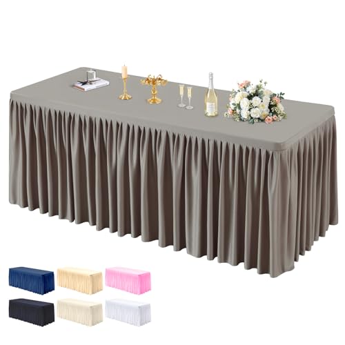 PARTISKY 1 Pack Natural Tablecloths for Rectangle Tables 4ft, Wrinkle Resistant Spandex Table Cover Fitted Stretch Table Cloth with Pleated Ruffle Skirts for Party Banquet Dining Birthday Wedding