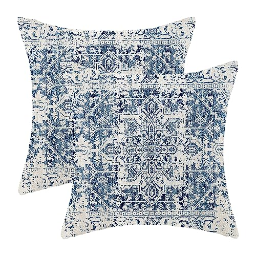 AEIOAE Boho Pillow Covers 16x16 Inch Set of 2,Carpet Pattern Throw Pillows Case,Blue White Ethnic Design Outdoor Decorative Square Linen Farmhouse Decor Cushion Covers for Home Sofa Bed Couch