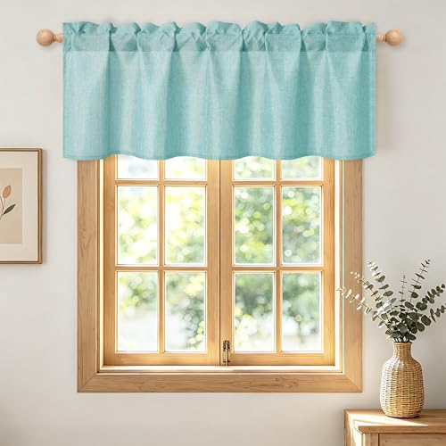 Hiasan Faux Linen Valance Curtains Rod Pocket Light Filtering Window Valance Curtains for Kitchen, Farmhouse Rustic Valance for Living Room Bedroom, Aqua, 52 x 18 inches, 1 Panel