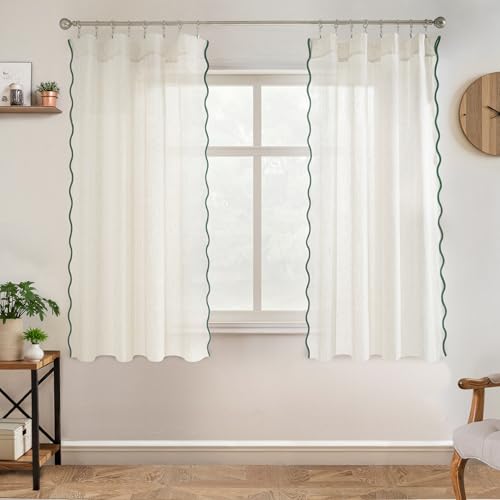 DriftAway Semi Sheer Scalloped Edge Linen Coastal Beach Window Curtains for Living Room Bedroom 2 Panels Rod Pocket Each Size 52 Inch by 63 Inch Loden Green