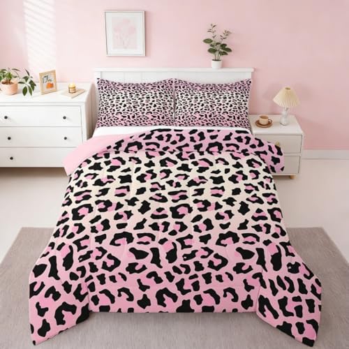 Feelyou Pink Leopard Bedding Set Cheetah Comforter Set for Kids Boys Girls Teens Room Decor Animal Print Comforter Queen Size Safari Duvet Set 3Pcs