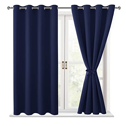 Hiasan Blackout Curtains for Bedroom, 52 x 54 Inches Long - Thermal Insulated & Light Blocking Window Curtains for Living Room, 2 Drape Panels Sewn with Tiebacks, Navy Blue