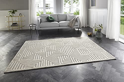 ELLE Decoration New York Fluffy Short Pile Rug, Modern Living Room Rug - High Low Effect, Soft Labyrinth Pattern - for Living Room, Bedroom, Kitchen or Dining Room, Cream Grey, 80 x 150 cm