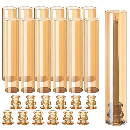 Teenyyou 12 Set Amber Glass Hurricane Candle Holders 12.6 Open Ended Glass Candleholder Tube Shape Bottomless and 2.2 Taper Clear Candlestick Holders for Wedding Table Centerpiece