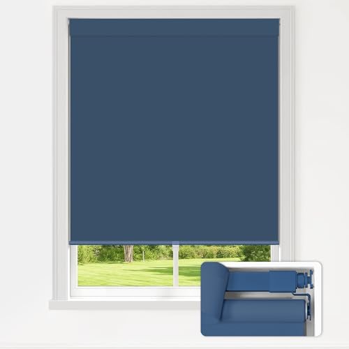 "LazBlinds No Drill Blinds for Indoor Windows, Blackout Roller Shades, Cordless Window Blackout Blinds, Thermal Insulated Fabric UV Protection for Home and Office, 32"" W x 48"" H, Navy Blue"