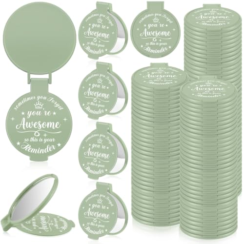 Gulfmew 100 Pcs 2.76 Inch Inspirational Pocket Mini Compact Mirror Bulk Portable Folding Makeup Mirror for Adult Women Party Favors Daily Small Gifts for Travel Thanksgiving Christmas (Sage Green)