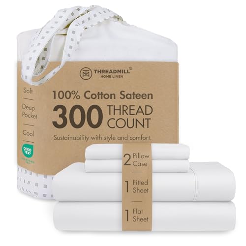 Threadmill Full-Size Sheets - Pure Long Staple Cotton Sateen Weave, 4 Piece 300 Thread Count Bedsheet Set, Solid Hotel White Sheets with Elasticized Deep Pocket