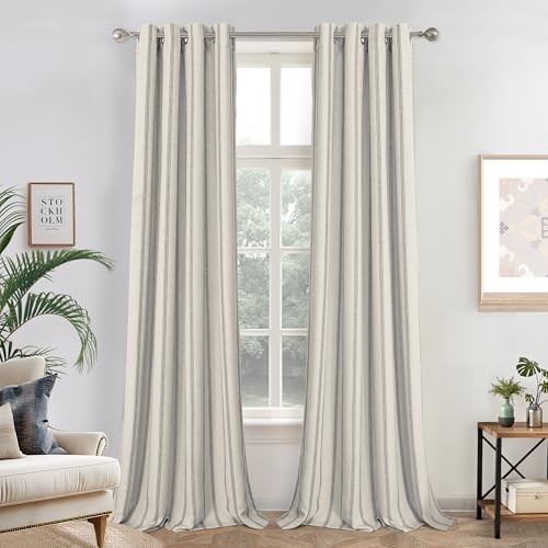 DriftAway Farmhouse Linen Blend Blackout Curtains 102 Inches Long for Bedroom Vertical Striped Printed Linen Curtains Thermal Insulated Lined Treatments for Living Room 2 Panels W52 x L102 Gray