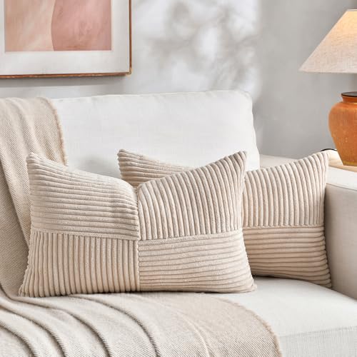 Fancy Homi 2 Packs Tan Lumbar Decorative Throw Pillow Covers 12x20 Inch for Living Room Couch Bed Sofa, Boho Home Decor, Soft Striped Corduroy Rectangle Accent Beige Cushion Case 30x50 cm