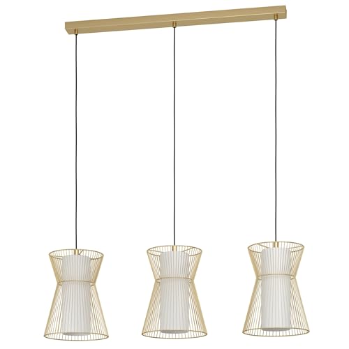 Eglo Pendant Lighting Maseta, 3 Bulb Ceiling Light Fitting Made of Golden Metal and Opal matt Glass, White Hanging lamp for Dining and Living Room, E27 Socket
